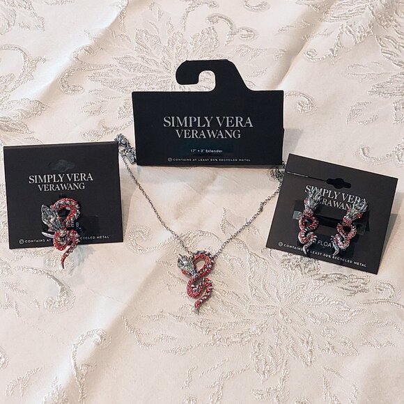 Simply Vera Wang Silver & Red Rhinestone Snake Necklace, Earrings & Ring - Picture 1 of 14